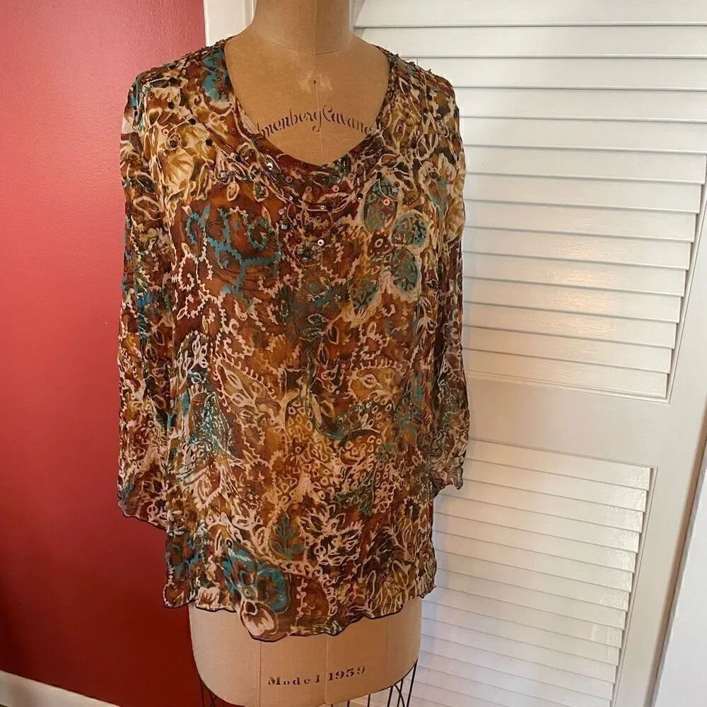 CHICO’S | 100% silk sheer top beaded neckline turquoise brown 2 or M